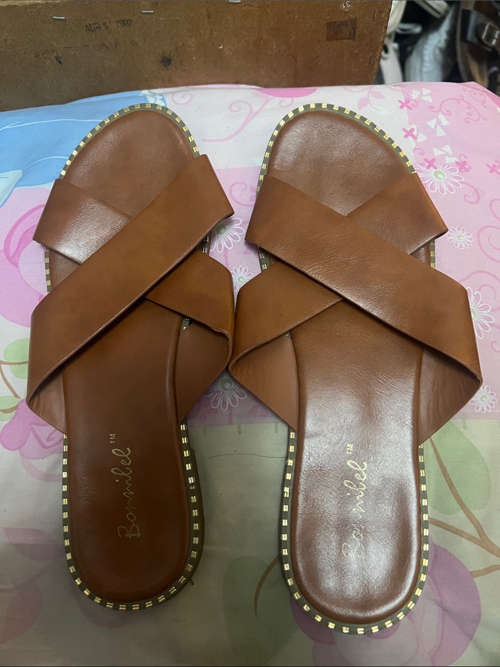 Brown Cross-Strap Slide Sandals by Bonnibel